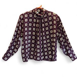 80s VTG Burgundy 100% Silk Jacquard Weave Geometric Mock Neck Blouse size 12